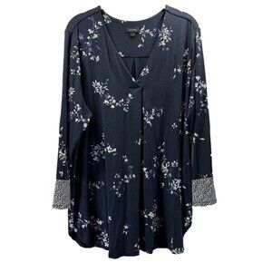 J Jill Wearever Top XL Navy Blue Floral Mixed Media Bohemian Pleated Long Sleeve